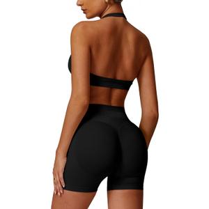 ABOCIW Workout Sets for Women 2 Piece seamless Halter Sports Bra Scrunch Butt Impact Shorts Gym Yoga Outfits (Large, Black)