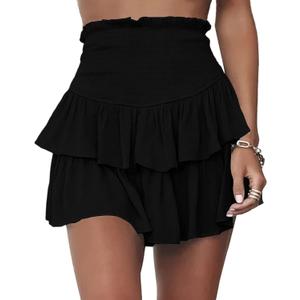 Meikulo Women Smocked Ruffle Mini Skirts Summer High Waisted Tiered Short Skirt with Shorts Underneath (Large)