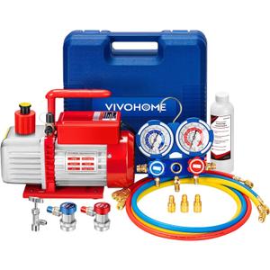 VIVOHOME 110V 1/4 HP 3.5 CFM Single Stage Rotary Vane HVAC Vacuum Pump and 3 Way AC Manifold Gauge Set with 4ft Hoses & Accessories for Auto Air Conditioning Refrigeration Recharging, Red