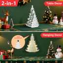 LED Wooden Christmas Tree Table Decor, 2-in-1 Wood Tabletop & Hanging Sign Decor, Light 2AAA Battery Powered 10 inch for Xmas Indoor Home Party Fireplace Mantle Centerpiece Decorations (White)