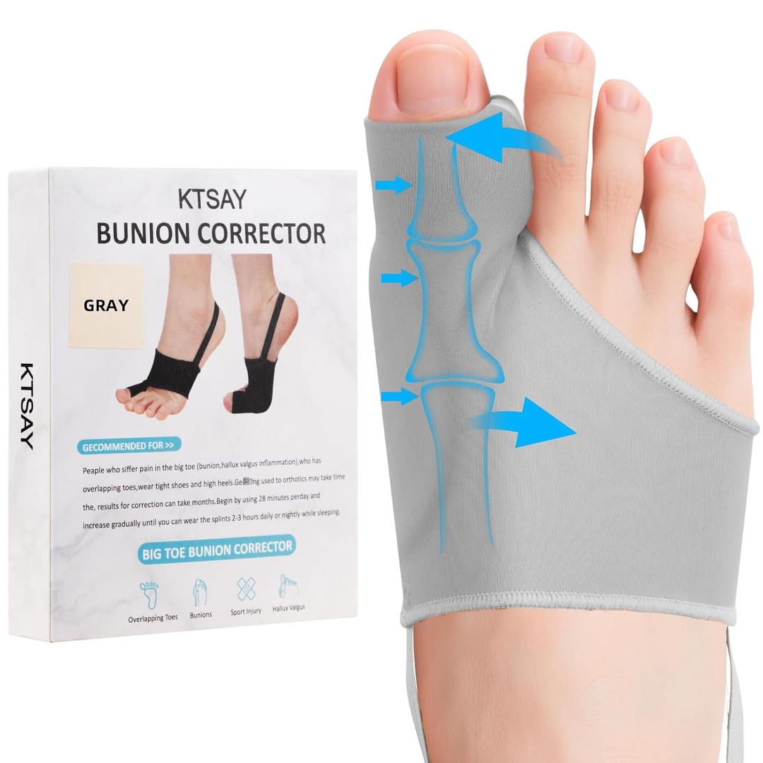 2PCS Bunion Corrector for Women & Men, Big Toe Straightener with Splint & Pads, Comfortable & Breathable for Day/Night Support, Hallux Valgus Pain Relief Non-Slip Socks (Gray)