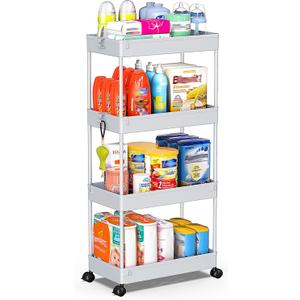 SPACEKEEPER Storage Cart, 4-Tier Mobile Shelving Unit, Bathroom Rolling Cart Utility Storage Organizer Shelf for Kitchen Living Room Bathroom Laundry Room & Dressers, Gray