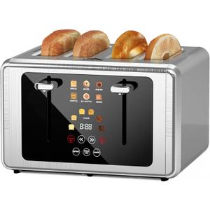 4 Slice Toaster, Touchscreen & Dual Independent Control Panel5 Basic Functions & Digital Countdown Toasters, 6 Shade Settings6 Bread Types, Smart Bread Maker Mute/Screen-Off,Brushed steel