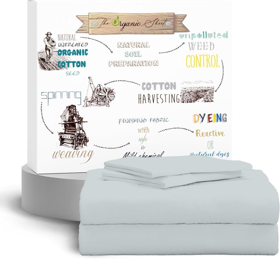SUPREME ELEGANCE 100% Organic Cotton Percale Twin Sheet Set  Crisp & Breathable Cooling Cotton Bedding, Deep Pocket Fits up to 18, Soft & Durable, Soft Gray, 3-Piece Set