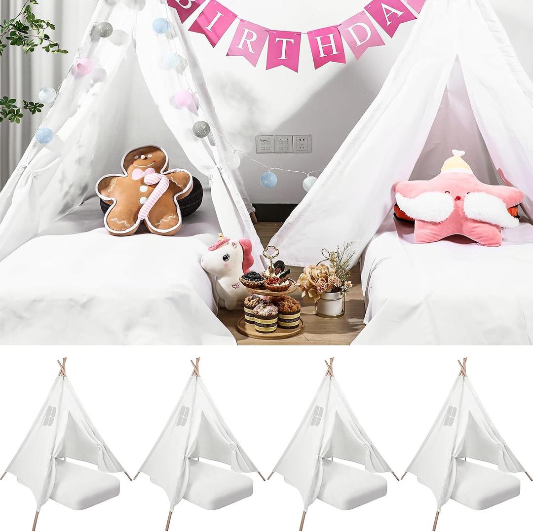 Syhood 4 Pack Inflatable Bed Teepee Tent Sets Include Portable Flocked Airbed Mattress Foldable Play Tents and White Flat Sheets for Indoor Outdoor Camping Birthday Gifts, about 3.3 x 6.6 ft/ 100 x 200 cm