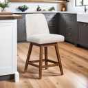 Armen Living Amalie Modern Farmhouse 26" Seat Height Swivel Bar Stool for Kitchen Island Counter in Brown Oak Wood with Beige Fabric