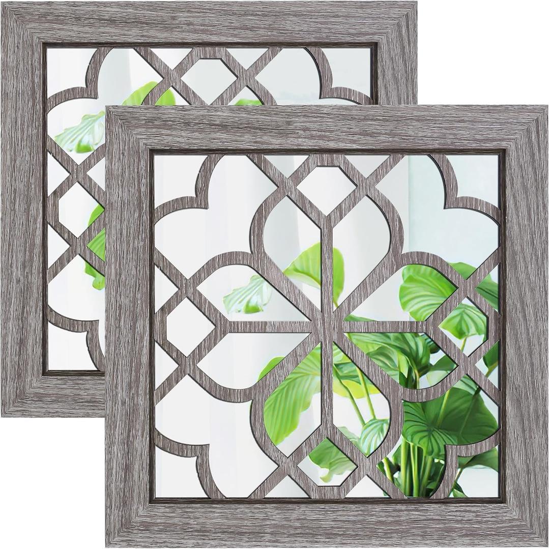 Boho Wall Mirror Decor, Set of 2 Rustic Farmhouse Accent Mirror 12x12 Inch, Square Shatterproof Vintage Style Mirrors for Wall, Small Decorative Mirrors for Living Room, Bedroom(Brown)