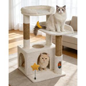 32In Cute Cat Tower for Indoor Cats with Cat Condo, Plush Platform, Hammock, Sisal Scratching Posts, Dangling Ball, Tall Cat Tree Tower with Self-Grooming Brush (Beige)