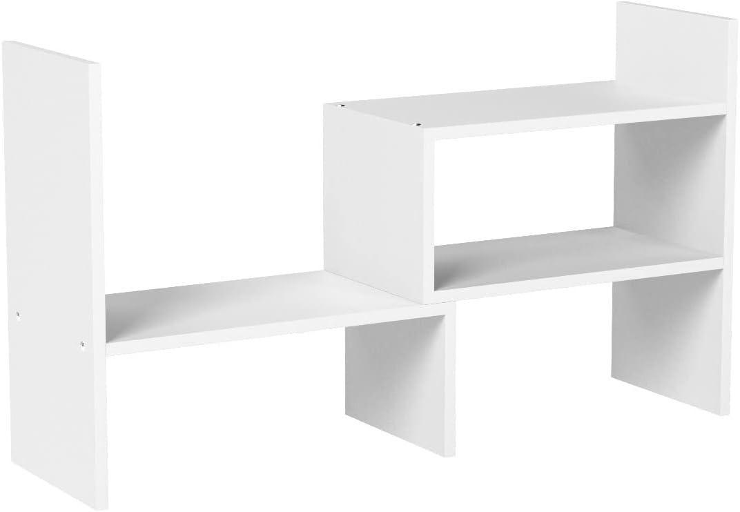 Sorfity Expandable Wood Desktop Bookshelf Desktop Organizer Office Storage Rack Wood Display Shelf - Free Style Display True Natural Stand Shelf Rack Assemble (White)