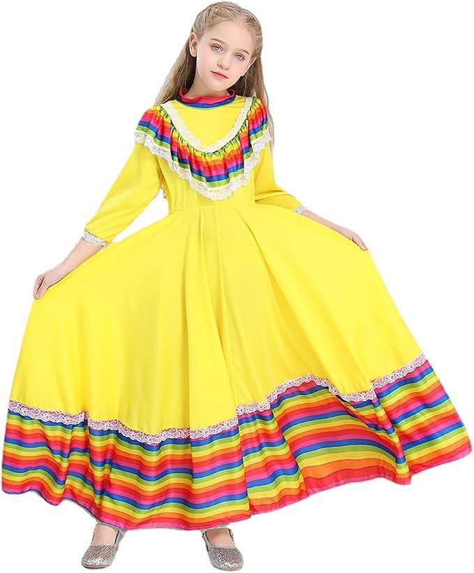 Mexican Traditional Dress for Girls National Dance Costumes Girl Princess Dress Cinco De Mayo Fiesta Carnival Costume, L