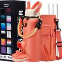 32 oz Sports Water Bottle Insulated - w/Paracord Handle, Straw & Spout Lids, Protective Boot, Sweat Proof Hydro Metal Water Flask Keeps Cold-48H Hot-24H, Travel Thermo Mug for Sports Hiking (Coral Orange)