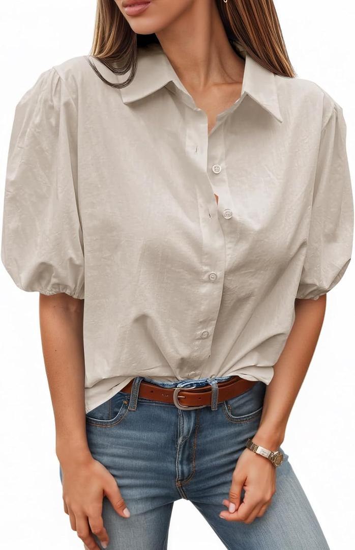 Tankaneo Womens Button Down Shirts Puff Sleeve Tops Summer Cotton Blouses (Beige, M)