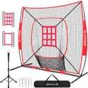 BAGAIL 7x7 ft Baseball & Softball Practice Net with Bow Frame for Batting, Hitting, Pitching, Portable Baseball Throwing Net with 2 Strike Zone Batting Tee, Carry Bag, Great for All Levels (Red)