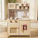 Wooden Kitchen Playsets for Kids, Pretend Play Kitchen with Realistic Clicking Sounds, Gold Faucet, Coffee Maker & Cooking Accessories, Set for Toddlers Boys Girls Age 3+, 31 inches x 12 inches x 38 inches