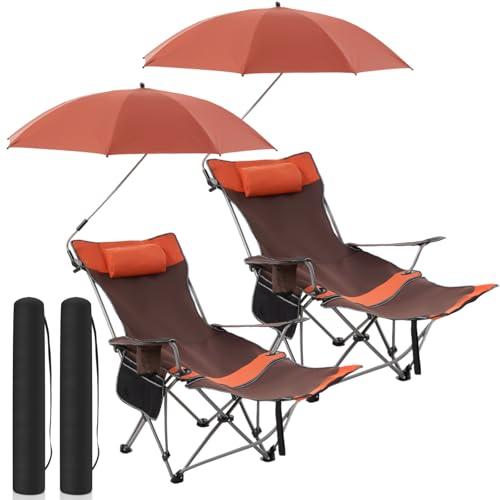 Yuntau 2 Set Reclining Beach Chairs with UPF 50+ Umbrellas Shade, Upgraded Heavy Duty Portable Folding Lounge Camping Chair with Canopy Removable Footrest & Headrest for Outdoor Patio(Grey, Black)