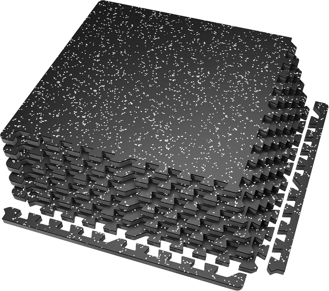SUPERJARE 0.56'' Thick 6 Pcs 24 Sq Ft Rubber Top Exercise Equipment Mats, High Density EVA Foam Mats with Rubber Top, Interlocking Gym Flooring for Home Gym, Protective Workout Mat, Black/Grey