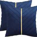 Tosleo Navy Blue Velvet Throw Pillow Covers 18 x 18 inch Pack of 2 with Gold Leather Decorative Couch Pillowcases Luxury Modern Pillow Cover for Living Room Bedroom Sofa Cushion Bed