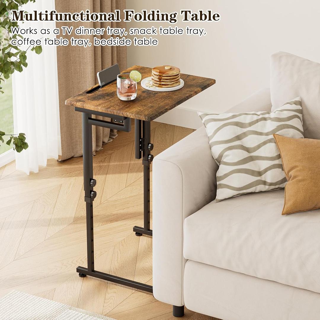 Adjustable Folding TV Tray Table,TV Dinner Small Foldable C-Shaped End Table for Eating,6 Height Adjustable Slide Under Couch Side with Sturdy MDF Top,No Assembly(Brown)