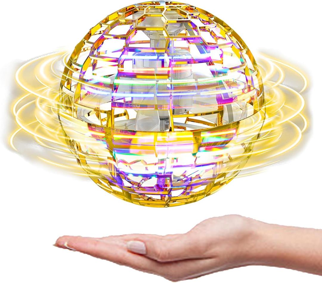 ATHLERIA Gold Magic Flying Orb Ball with Lights,Cool Stuff Gadgets Birthday Gifts Toys for Boy Girl Teens,Helicopter Mini Drone for Kids,Hover Boomerang Ball,Flying Spinner