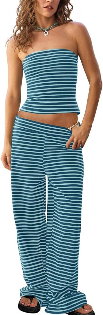 Tankaneo Womens Striped 2 Piece Sets Summer Strapless Crop Tube Tops Wide Leg Pants Matching Lounge Set Vacation Outfits L