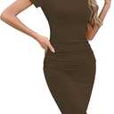 Missufe Women's Long Sleeve Slim Ruched Bodycon Dress 2025 Trendy Fall Casual Round Neck Sheath Knee Length Outfits Clothes (Brown Short Sleeve, Large)
