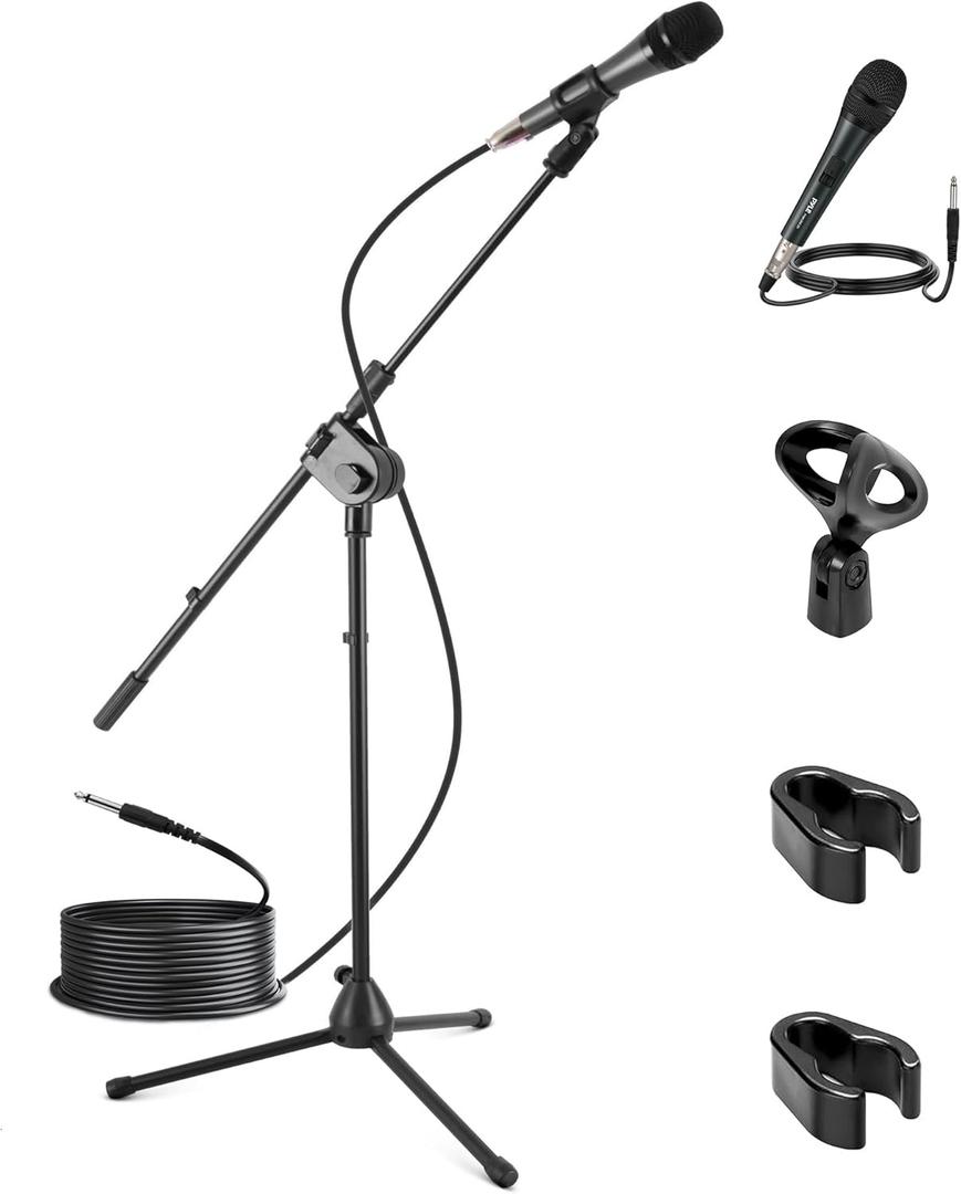 PYLE Dynamic Microphone and Tripod Stand Arm Mic Length 7.48'' Inch w/Acoustic Pop Filter-Includes 15' ft XLR Cable, Black (PMKSM20)