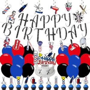 Barber Birthday Party Decorations,Hairdresse Party Decorations Happy Birthday Banner, Balloons,Hanging Swirls,Cake and Cupcake Toppers for Party Decor Gifts