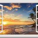 Seascape Beach Wall Art Print for Living Room - Window Frame Style Canvas Wall Decor Ocean Wave - Tropical Palm Tree Picture for Bedroom Office Home Decoration, 36"L x 24"W