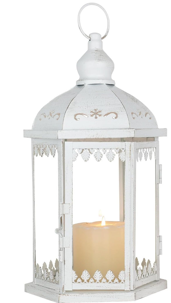 Lanterns Decorative Outdoor&Indoor, White Metal Lantern Decor with Glass, Candle Holder for Porch, Patio, Garden, Fall, Wedding, Christmas, Table Centerpiece