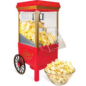 Nostalgia Vintage Hot-Air Popcorn Maker Machine - Makes Up to 12 Cups - Oil-Free - Healthier Popcorn - Classic Stand-Up Cart With Wheels - Includes Kernel Measuring Cup - Red