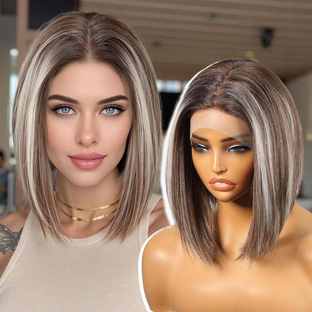 KOME Ash Brown Synthetic Lace Front Wig,136 Short Straight Glueless Bob Wig for White Women Daily Use 12INTTF4/606