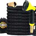 J&B XpandaHose 100ft Expandable Garden Hose with Holder - Heavy Duty Superior Strength 3750D - 4 -Layer Latex Core - Extra Strong Brass Connectors and 10 Spray Nozzle w/Storage Bag (Black 100)