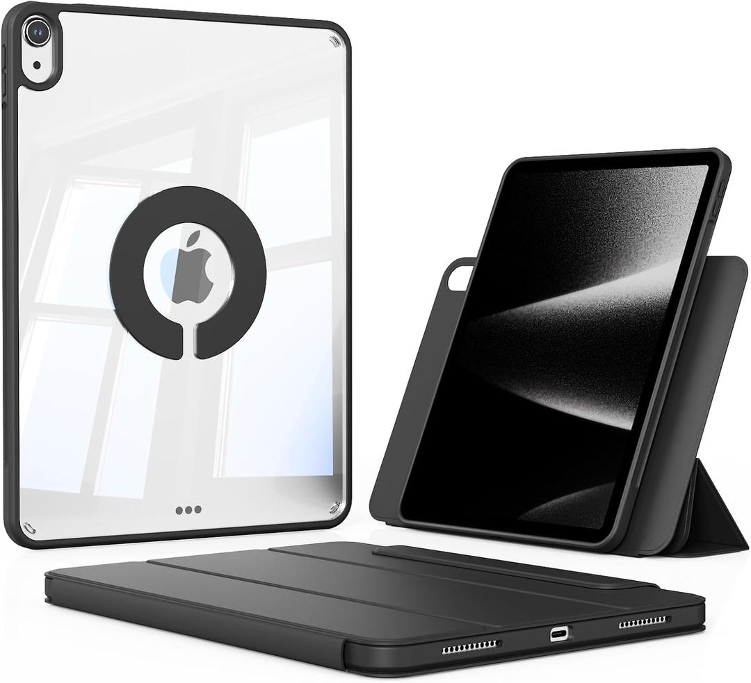 KENKE Magnetic Case for iPad A16 11th/10th Generation (11/10.9 Inch, 2025/2022) with Pencil Holder, Magnetic Detachable Hybrid Stand, Clear Hard PC Back Shell, Portrait/Landscape Angle, Black