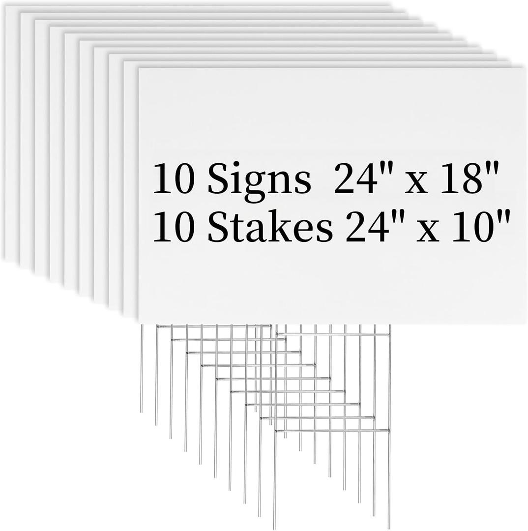 Newflager 10 Pack 18 x 24 Inches Large White Corrugated Plastic Yard Sign with Metal Stakes for Birthday, Real Estate Garage Sale Signs, Rent, Guidepost Decorations