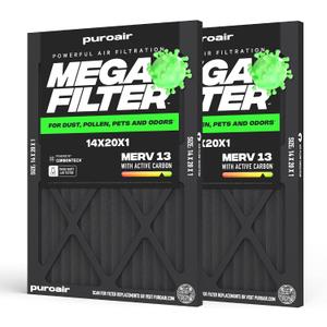 PuroAir MegaFilter - 14x20x1 Air Filter MERV 13 Activated CarbonTech Defense - Heavy Duty 3 Layer Furnace Filters Allergens, Pollen, Dust, Pet Dander, Smoke, Odors - HVAC Air Filter 14x20x1 (2-Pack)