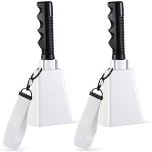 Boao 2 Pcs 9 Inch Cowbell with Wrist Strap Noise Makers for Sporting Events Loud Hand Bell with Handle Graduation Football Games Party Farm Bells Hand Chimes Percussion Musical Instruments(White)