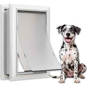 Large Dog Door for Exterior Doors, Cutout Size 12.2''W x 18''H, Heavy Duty Double Flap for Extreme Weather, Energy-Efficient, Easy to Assemble, Lockable Panel Included, Sliver (L)