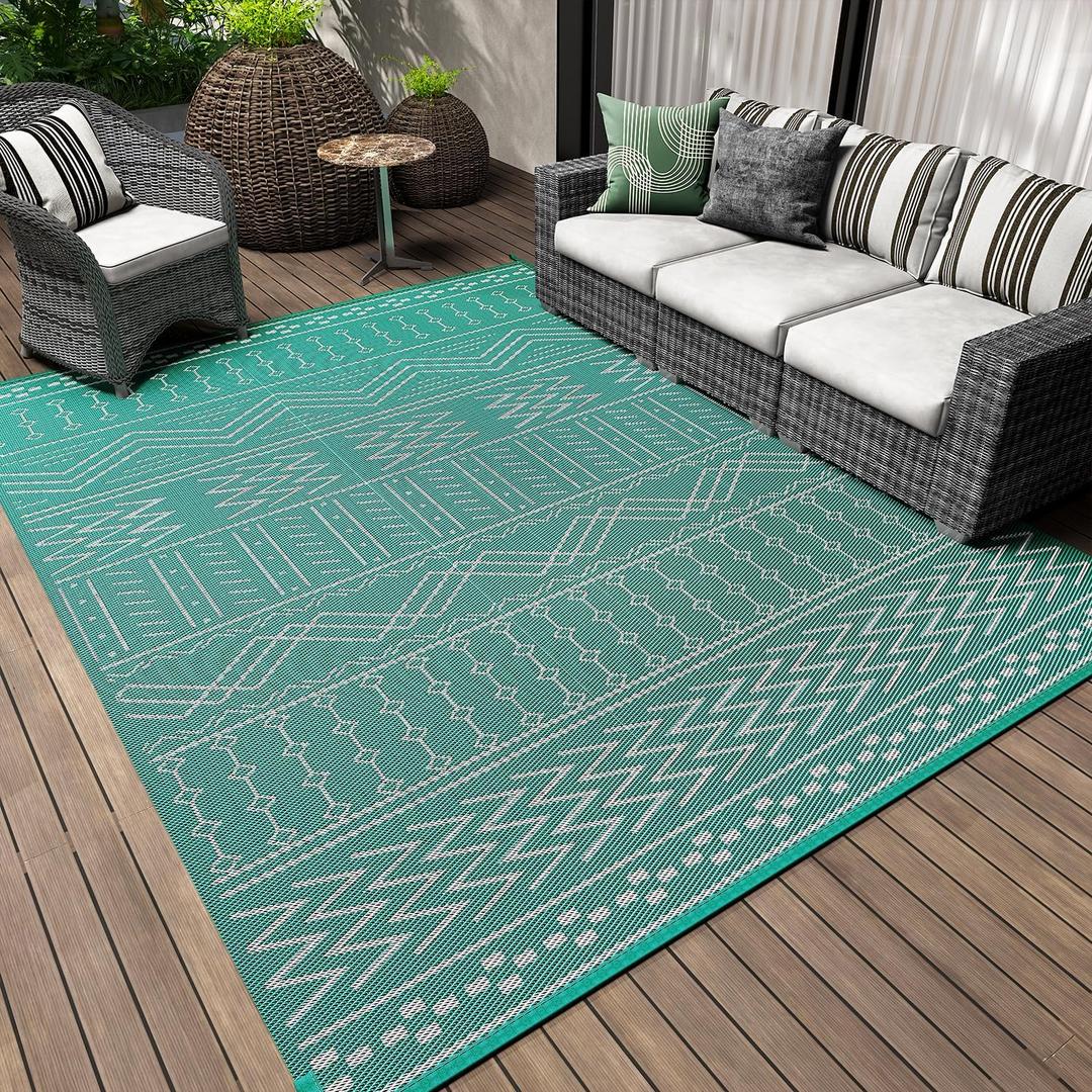 Outdoor Rug Carpet Waterproof 5x8 ft Patio Rug Mat Indoor Outdoor Area Rug for RV Camping Picnic Reversible Lightweight Plastic Straw Outside Rug for Patio Decor Decoration Boho Rug Turquoise White