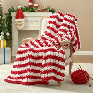 Amlie Home Chunky Knit Blanket Throw, Thick Soft Yarn Chunky Throw 50x60, Handmade Chenille Cable Knitted Crochet Throw Blanket, Warm Rope Knot Blanket for Couch Bed Sofa, Red White Stripe