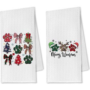 Christmas Dog Kitchen Towels - Set of 2, Coquette Bows Christmas Tree Hand Dish Towels, 16x24 Inches