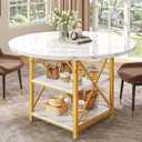 DWVO Round Dining Table 47.27" Large Dining Room Table for 4-6 Circle Kitchen Table with 2 Storage Shelf and Heavy Duty Metal Legs Modern Marble Dinner Table for Home Apartment White and Gold