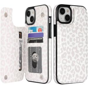 HAOPINSH iPhone 15 Plus Case Wallet - Flip Folio PU Leather Kickstand Card Slots Case for Women Girls, Double Magnetic Clasp, White Leopard Cheetah Pattern, 6.7