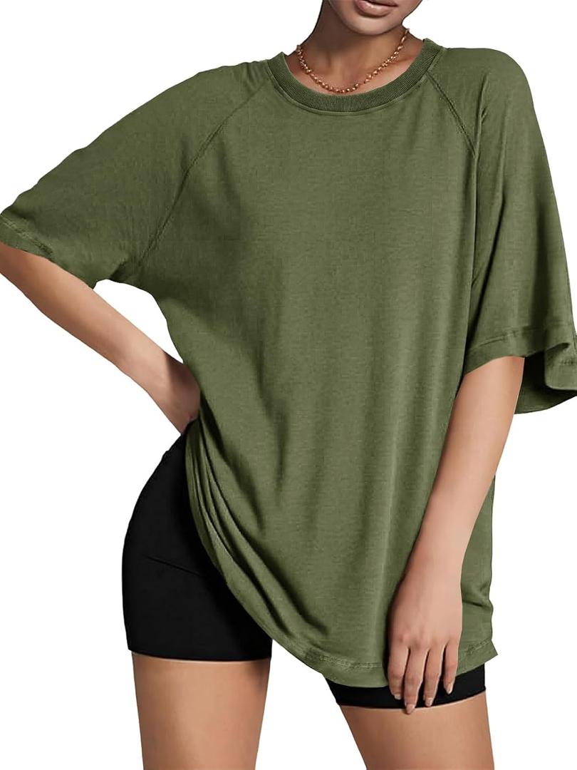 Tankaneo Womens Oversized Tshirts Crew Neck Short Raglan Sleeve Tunic Tops Summer Casual Loose Fit Workout Tee Shirts (L)