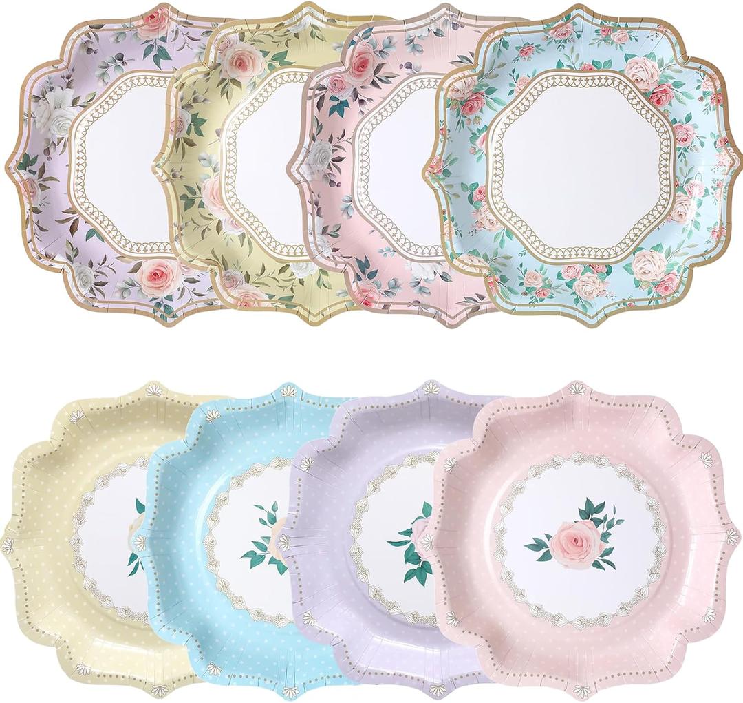 DUBEDAT Floral Paper Plates - 48 PK - 9 Inch Flower Disposable Dinner Plates for Tea Party Baby Shower Brial Shower Birthday Wedding