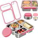 Pawtong Stainless Steel Bento Box Kids Adult with 7oz Insulated Food Jar, Transparent Lid Metal Lunch Box With Soup Thermal Jar, Lunch Box Container with Removable Divider & Sauce Cup School (Pink)