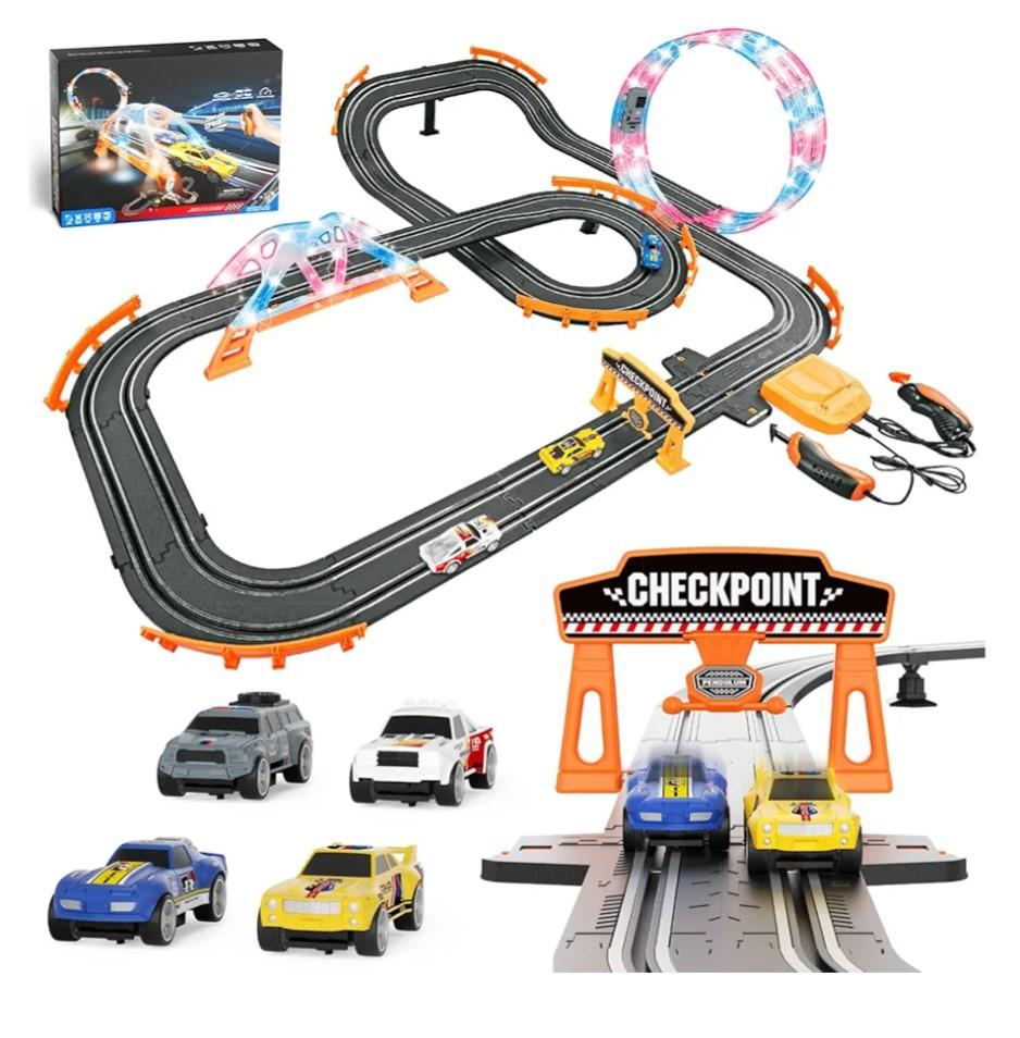 2-in-1 Slot Car Race Track Sets - Electric Race Car Track with 4 High-Speed Racing Cars, Dual Racing Game Lap Counter Circular Overpass Tracks, Remote Control Cars Toys/Gift for Boys Kids Ages 8-12