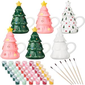 Potchen Set of 6 Christmas Tree Paint and Sip Kit Paint Your Own Mug Ceramic Painting Kit for Adults Includes Mugs, Paints, Brushes for Xmas Activities Art Favor Decoration