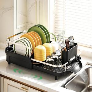 Dish Drying Rack for Kitchen Counter, Expandable Dish Drainer with Drainboard Set and Removable Utensil Holder, Space-Saving Countertop Organizer
