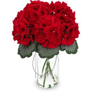 Artificial Geranium Flower Arrangement in Glass Vase, Realistic Red Faux Flowers Table Centerpiece 11.8 Inch for Home Office Shelf Decor