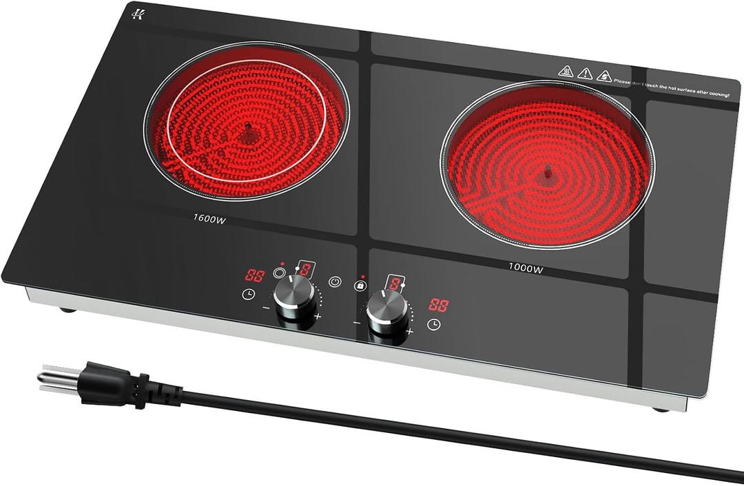 2 Burner Electric Cooktop 24 Inch, 120V Electric Stove Top with Countertop & Built-in Design, 1800W Knob Control Radiant Ceramic Cooktop with Safety Lock, 9 Level Power, 99 Min Timer - Plug in, 23.6 inches x 13.3 inches